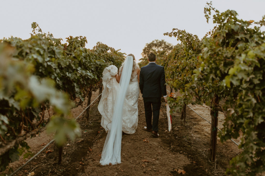Bride and Groom holding hands walking in Oak Farm vineyard
