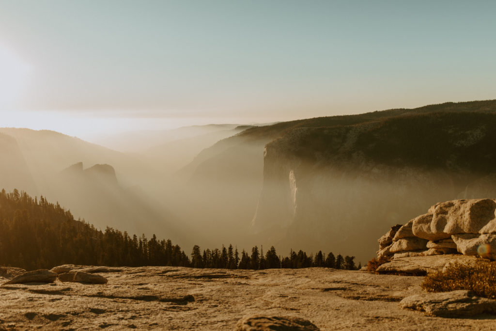 Yosemite Elopement with a first look in the Valley, then a drive up Glacier Point and a hike to Sentinel dome for vows and champagne! 