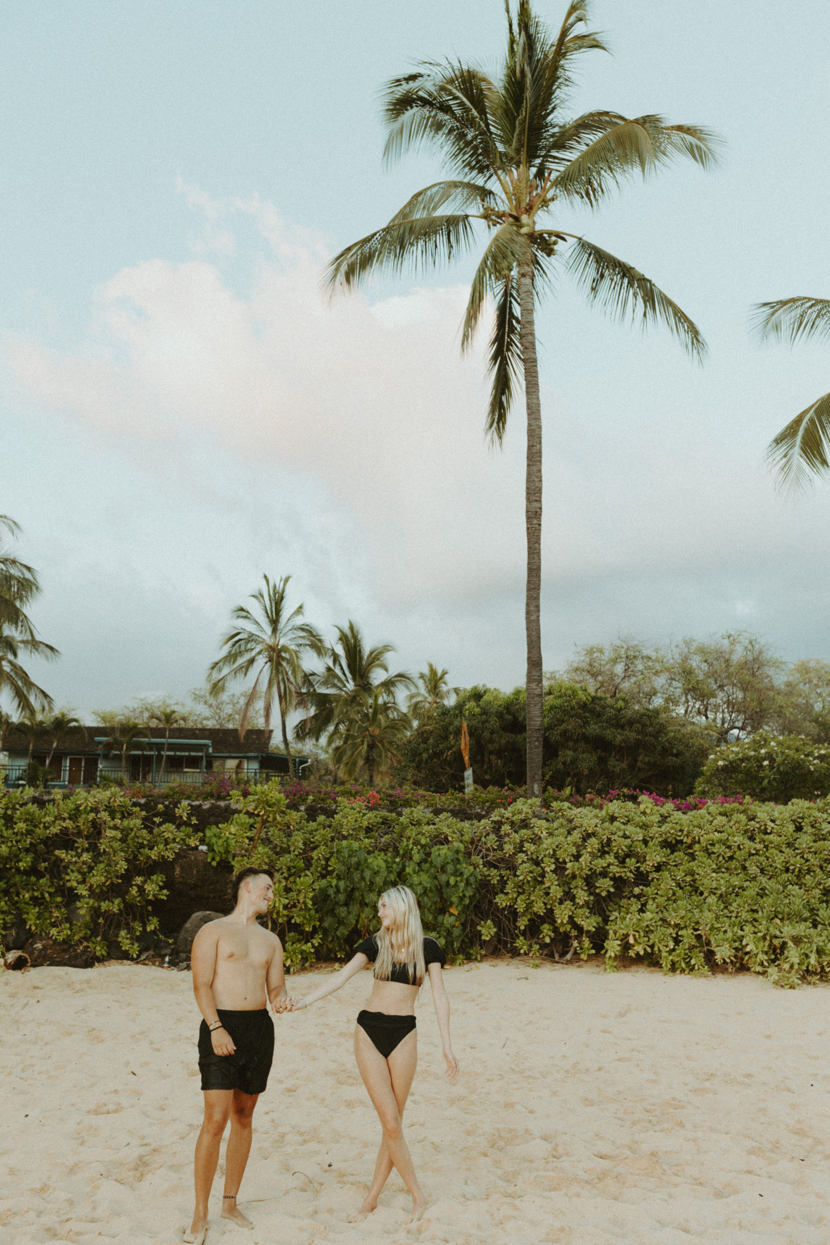couple standing underneath a palm tree for their couples photography session