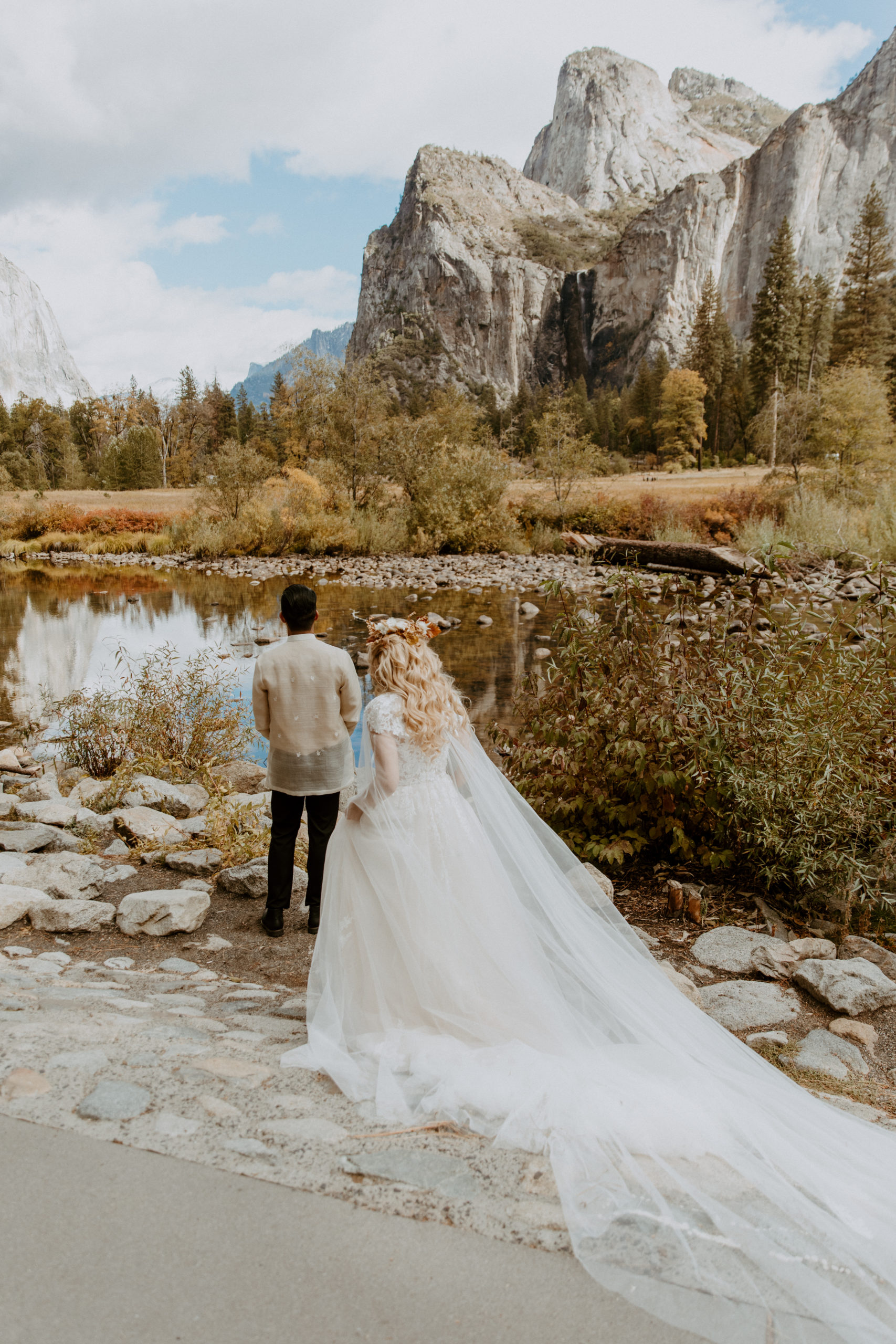 the bride walking towards the groom in Yosemite