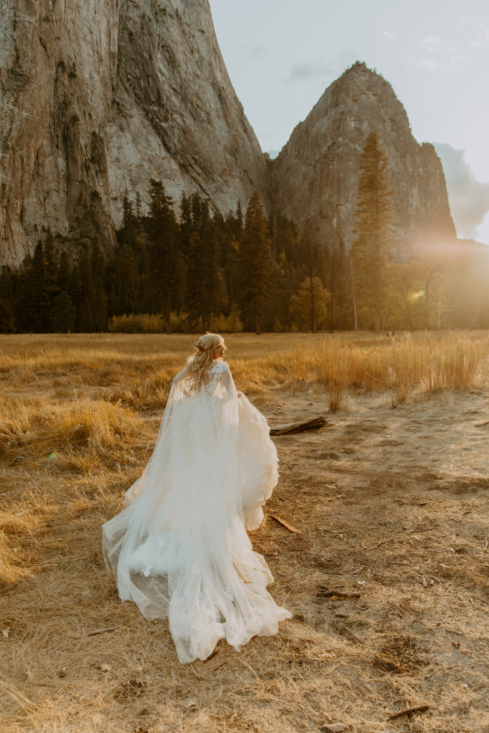 the bride running into the sunset