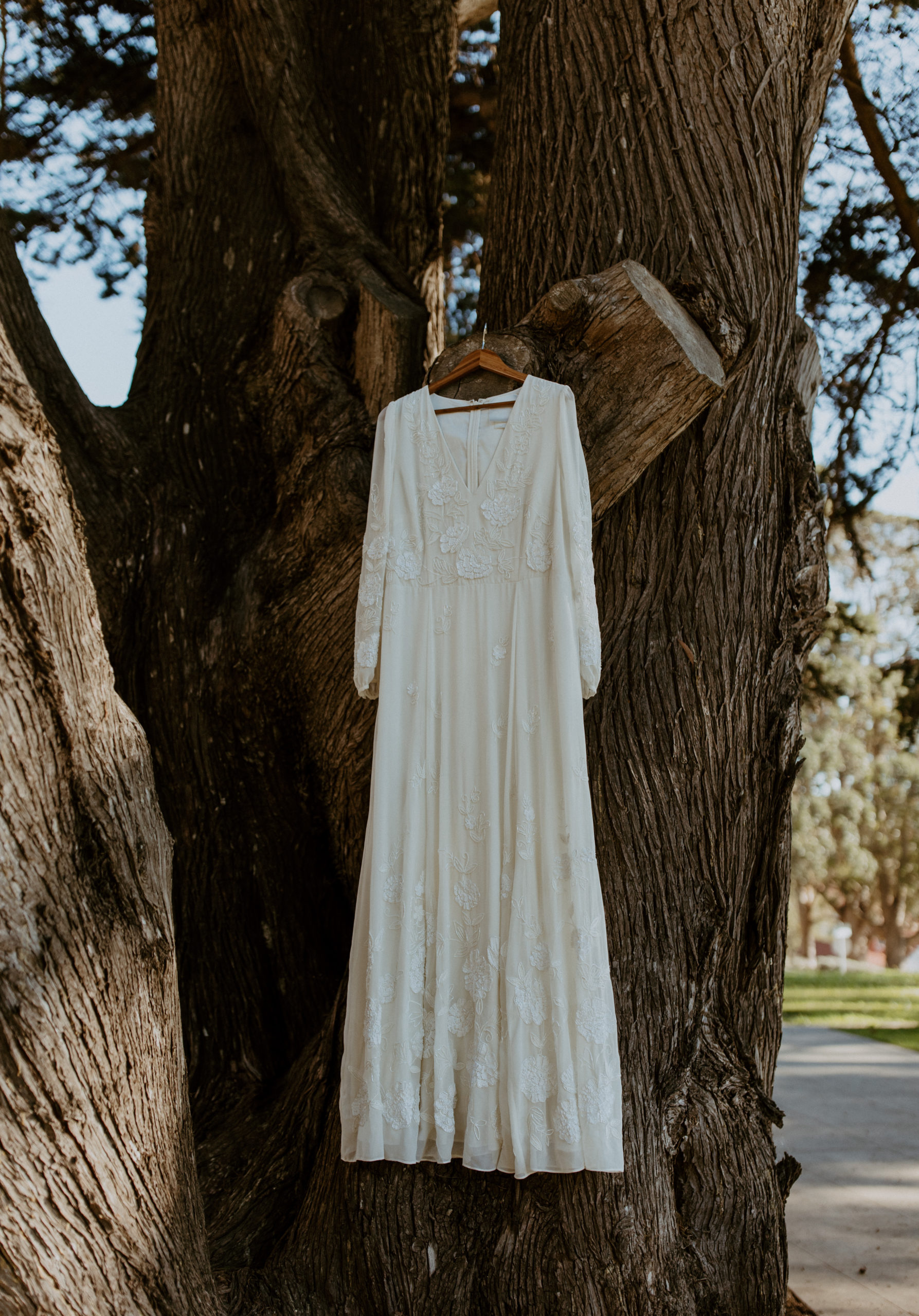 the wedding dress hanging in the trees