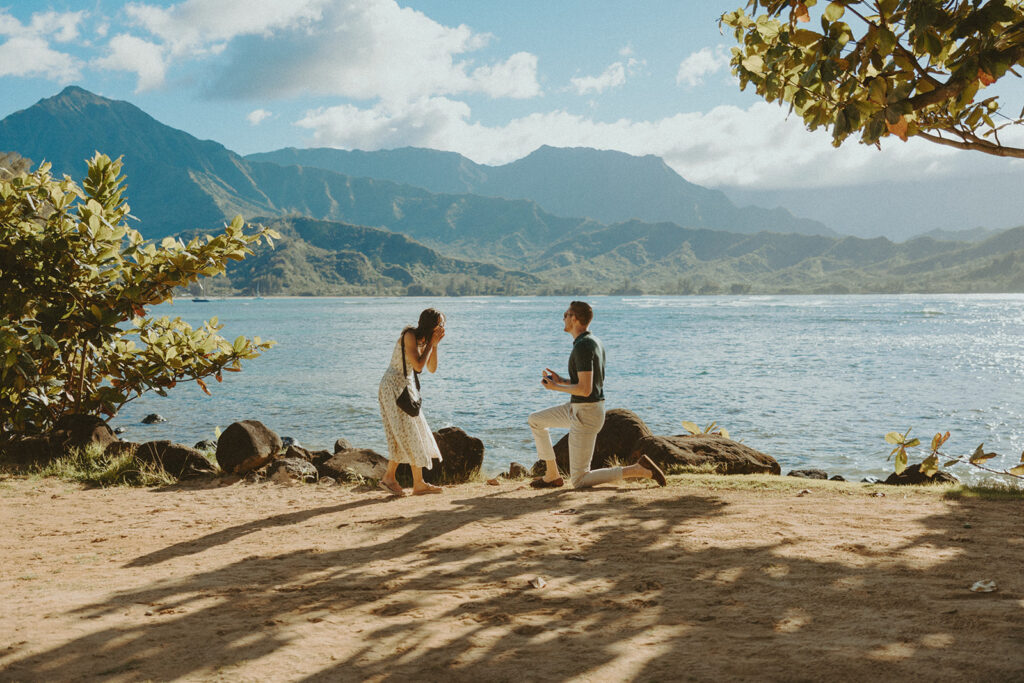 couple posing for engagement photos in hawaii