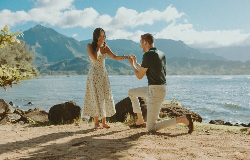couple posing for engagement photos in hawaii