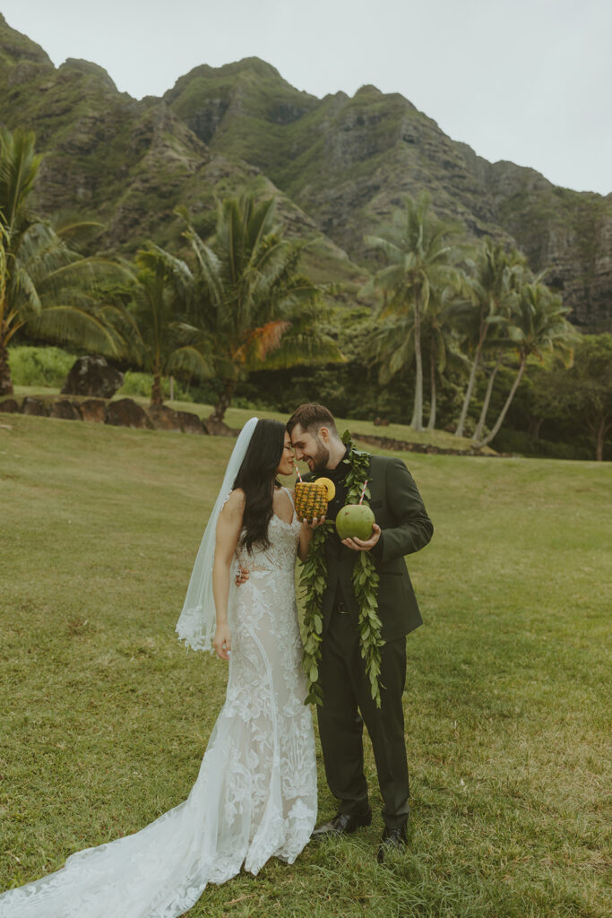 couple posing for wedding photos in hawaii
