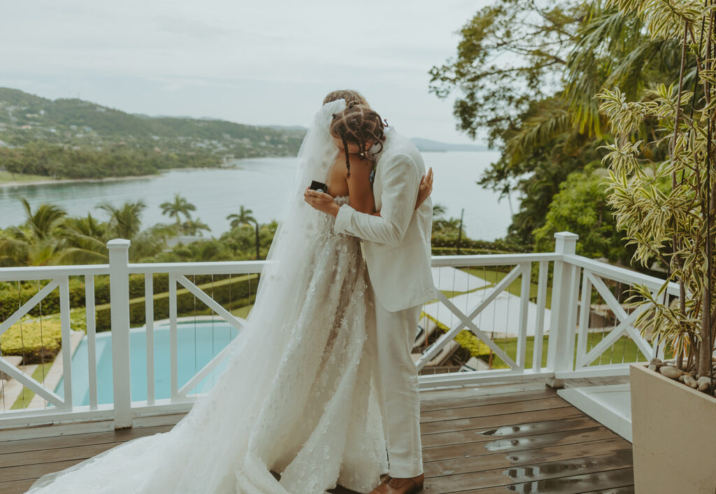 A romantic destination wedding ceremony overlooking the ocean in Jamaica