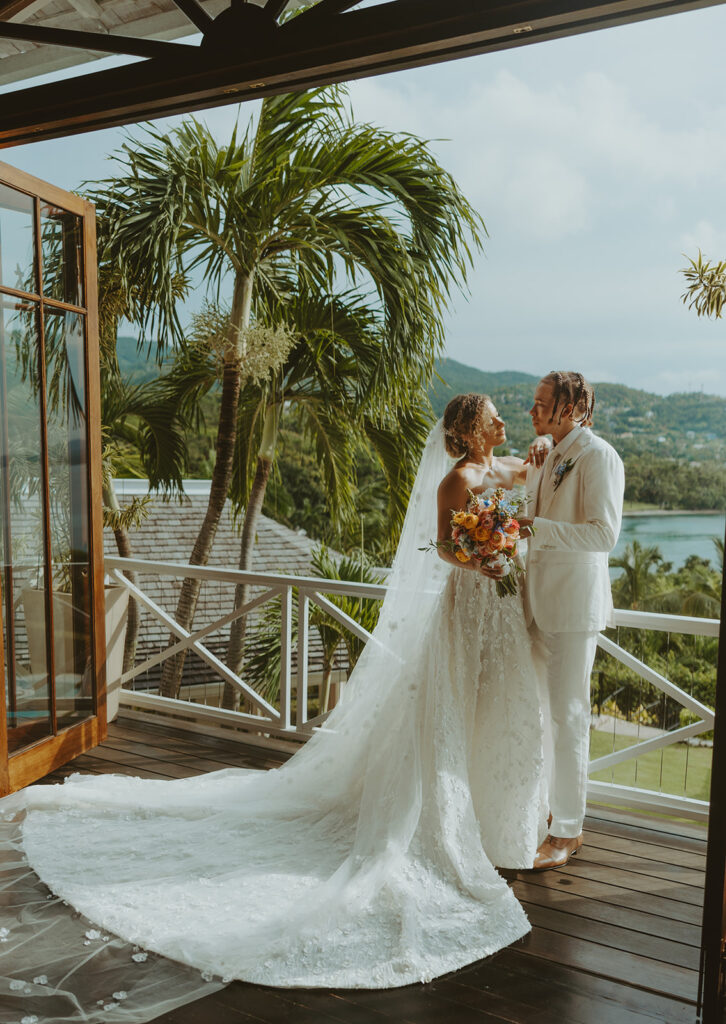 A stylish destination wedding couple captured in Jamaica’s tropical paradise