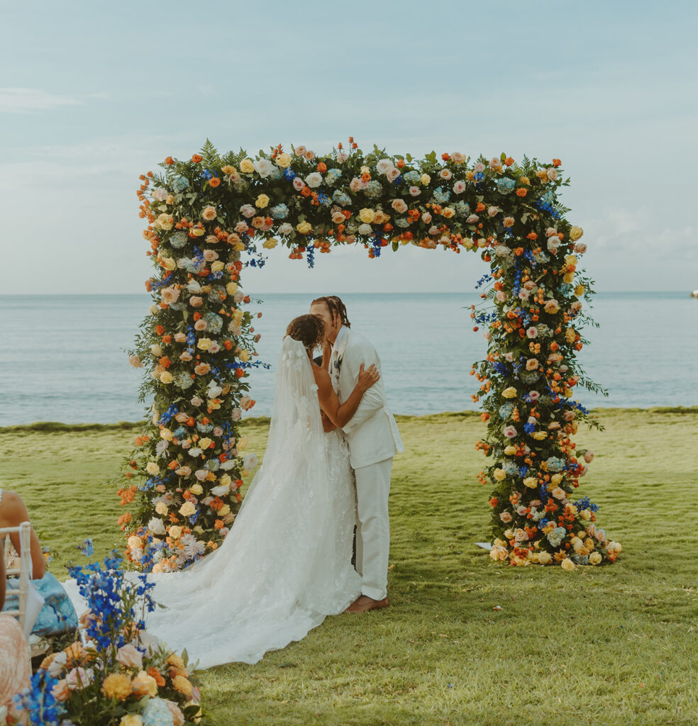 A glamorous wedding reception at a luxury resort in Montego Bay, Jamaica
