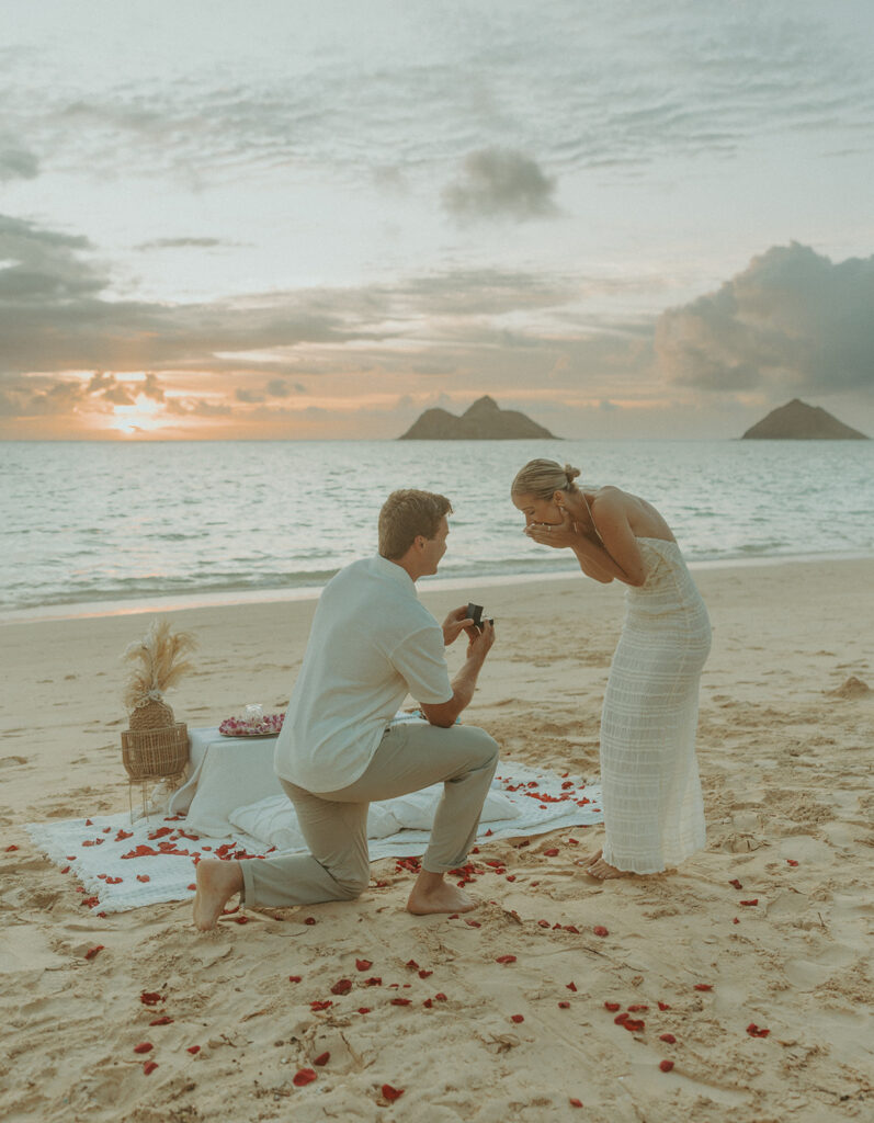 Couple sharing a sunrise picnic proposal on a quiet beach in Hawaii | Lanikai Beach Proposal
