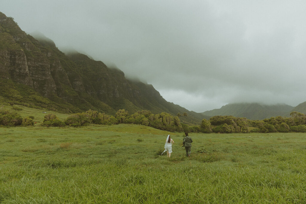 Wedding portraits taken in the mountains at Kualoa Ranch Jurassic Valley