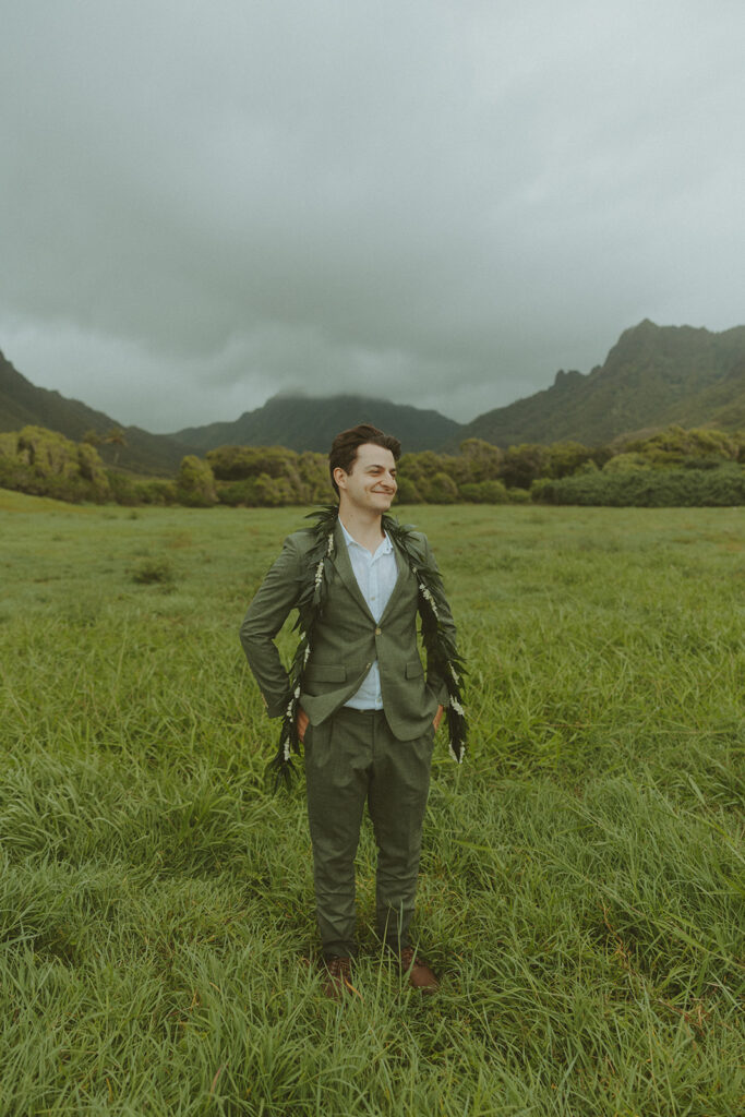 Couple standing together during their Makapuu Beach ceremony
