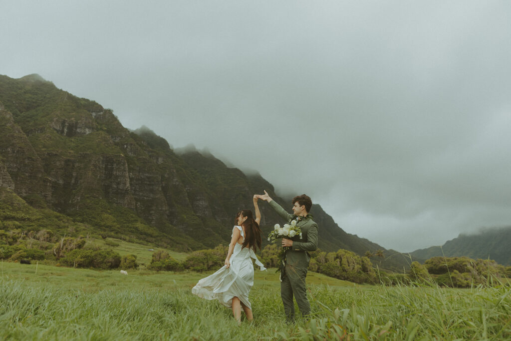 Couple standing together during their Makapuu Beach ceremony
