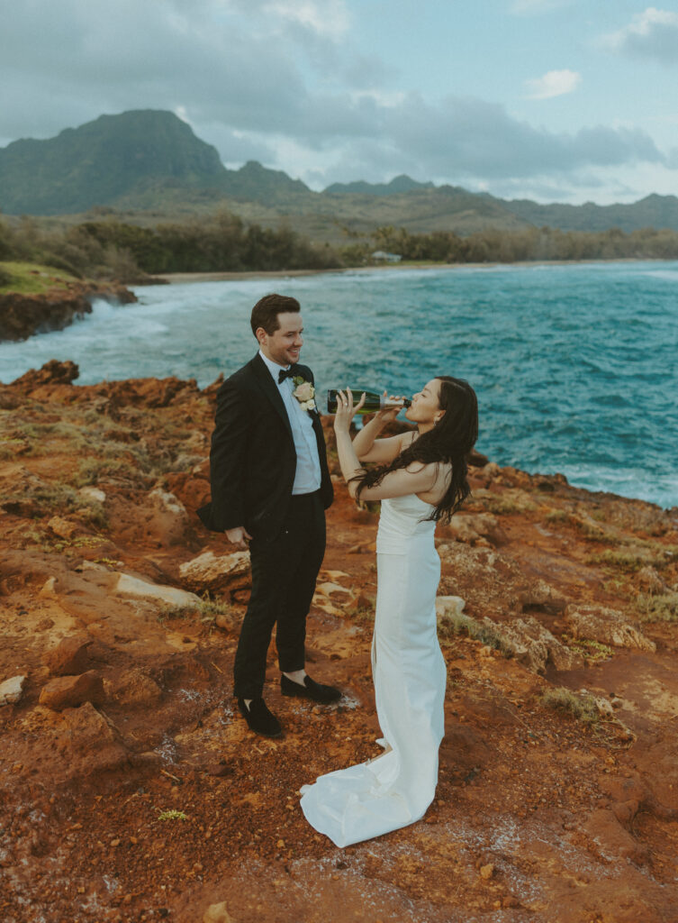 Romantic wedding portraits of a couple on the cliffs 
