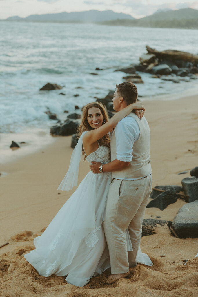 Romantic wedding portraits of a couple celebrating their day in a tropical island setting.
