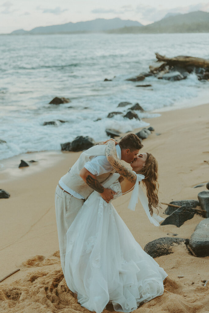 Romantic wedding portraits of a couple celebrating their day in a tropical island setting.