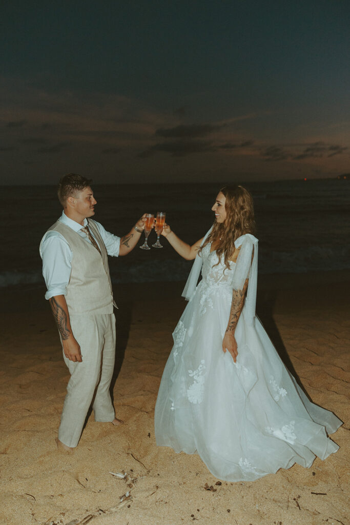 Romantic wedding portraits of a couple celebrating their day in a tropical island setting.
