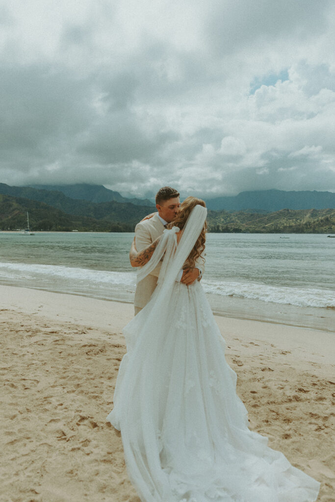 Romantic wedding portraits of a couple celebrating their day in a tropical island setting.
