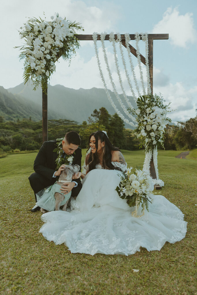 Romantic wedding couple portrait in a scenic mountain landscape